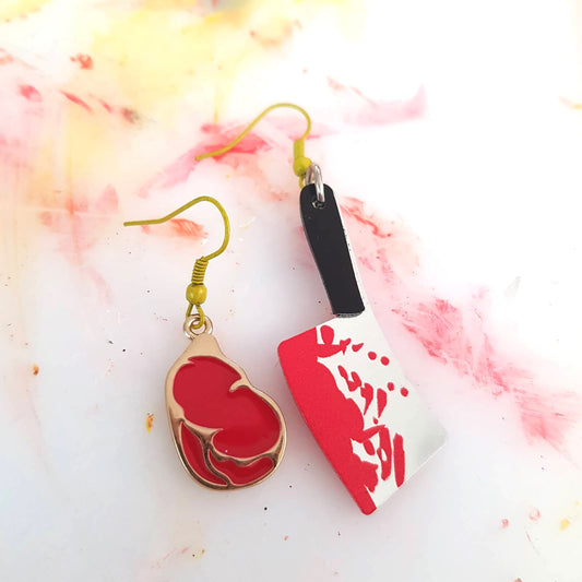 Creepy earrings - HALLOWEEN - Bloody knife and piece of meat earrings, True Crime Jewelry - C o c o F l o w e r
