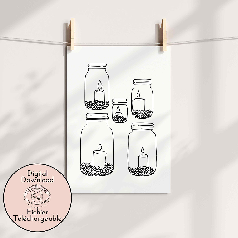"Mason Jar Candles Illustration - Experience tranquility with these hand-drawn mason jar illustrations, capturing the peaceful glow of candlelight."