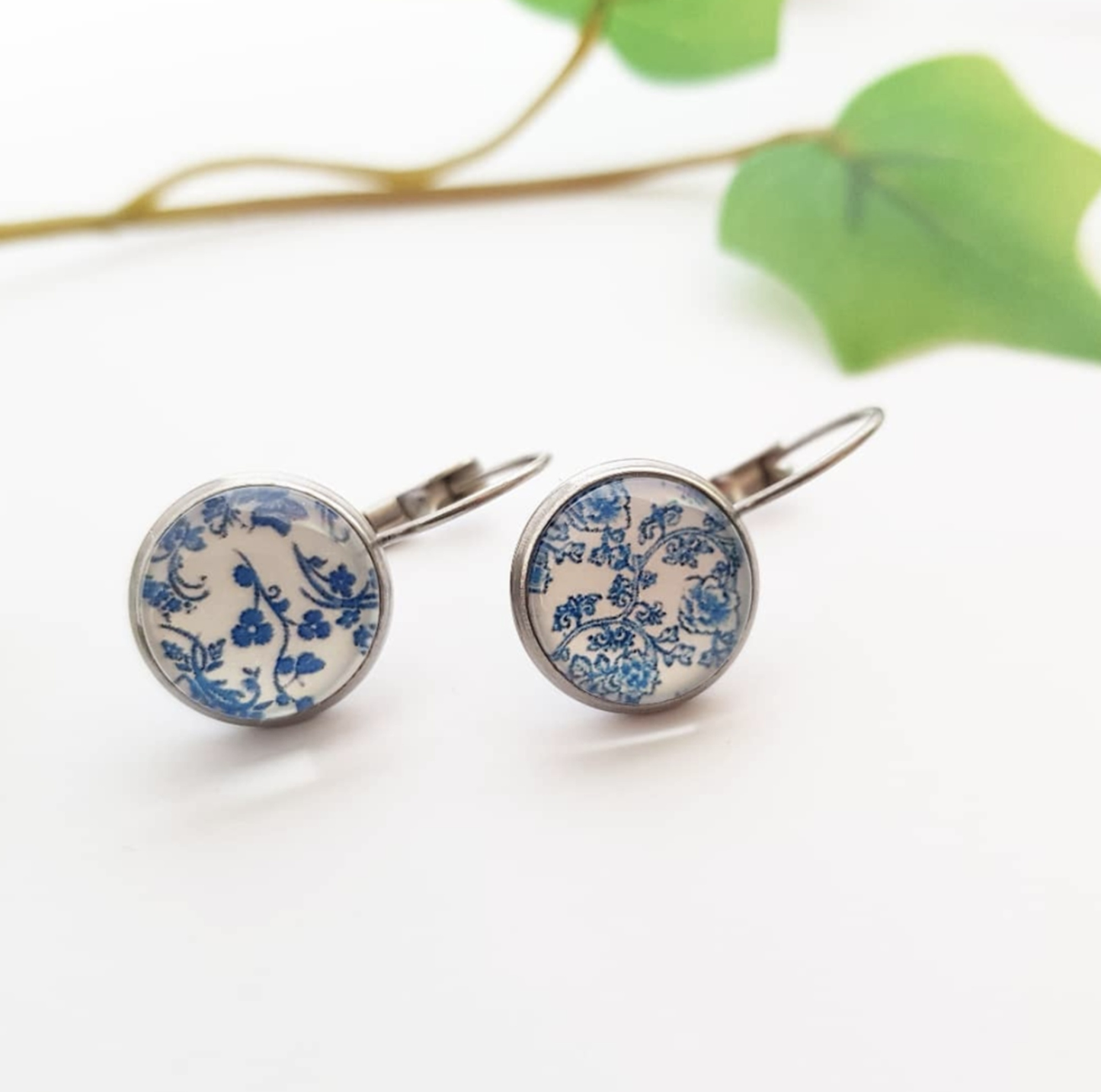 Blue Floral Cabochon earrings - Romantic and Shabby jewelry for woman - C o c o F l o w e r