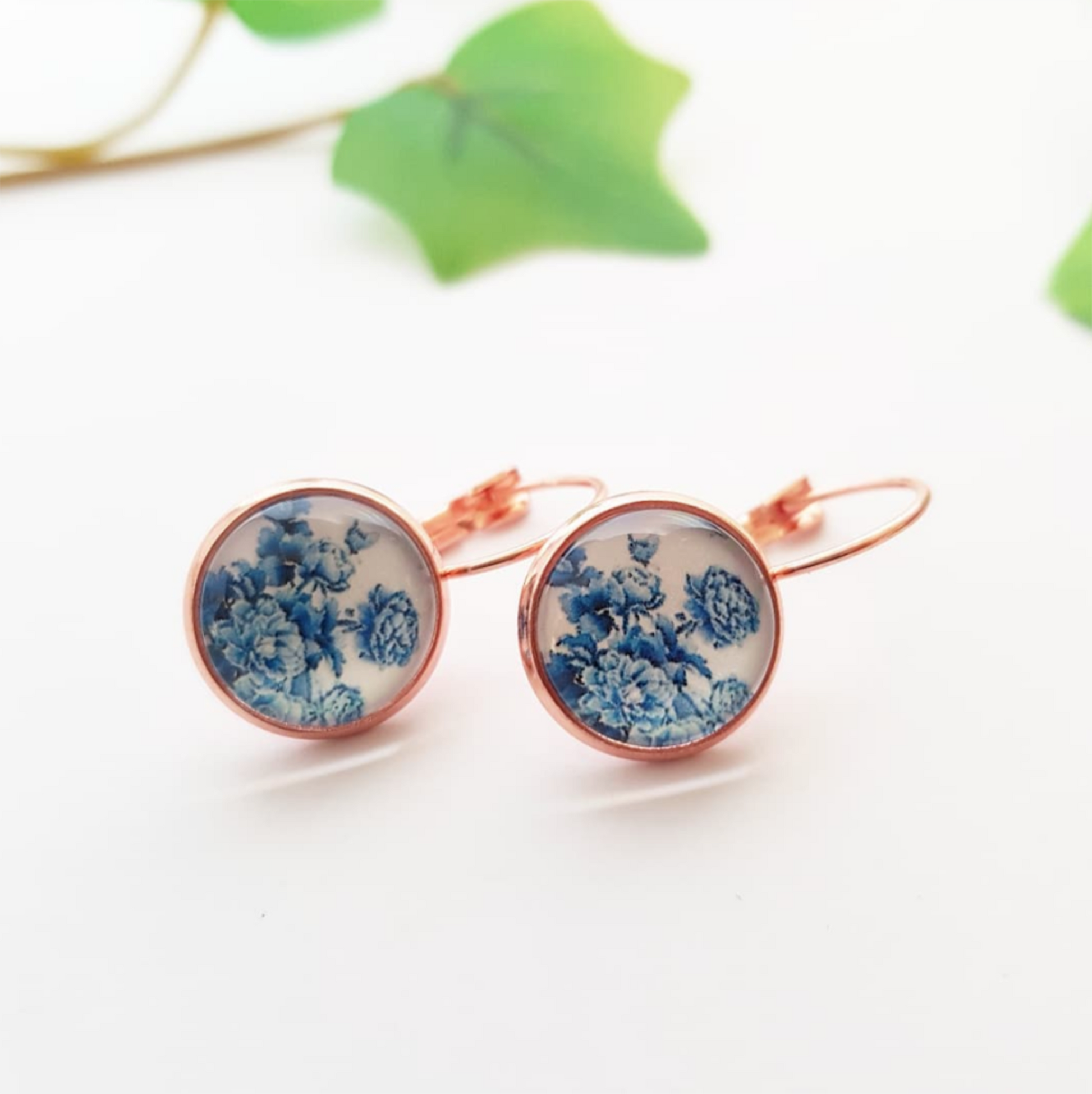 Blue Floral Cabochon earrings - Romantic and Shabby jewelry for woman - C o c o F l o w e r