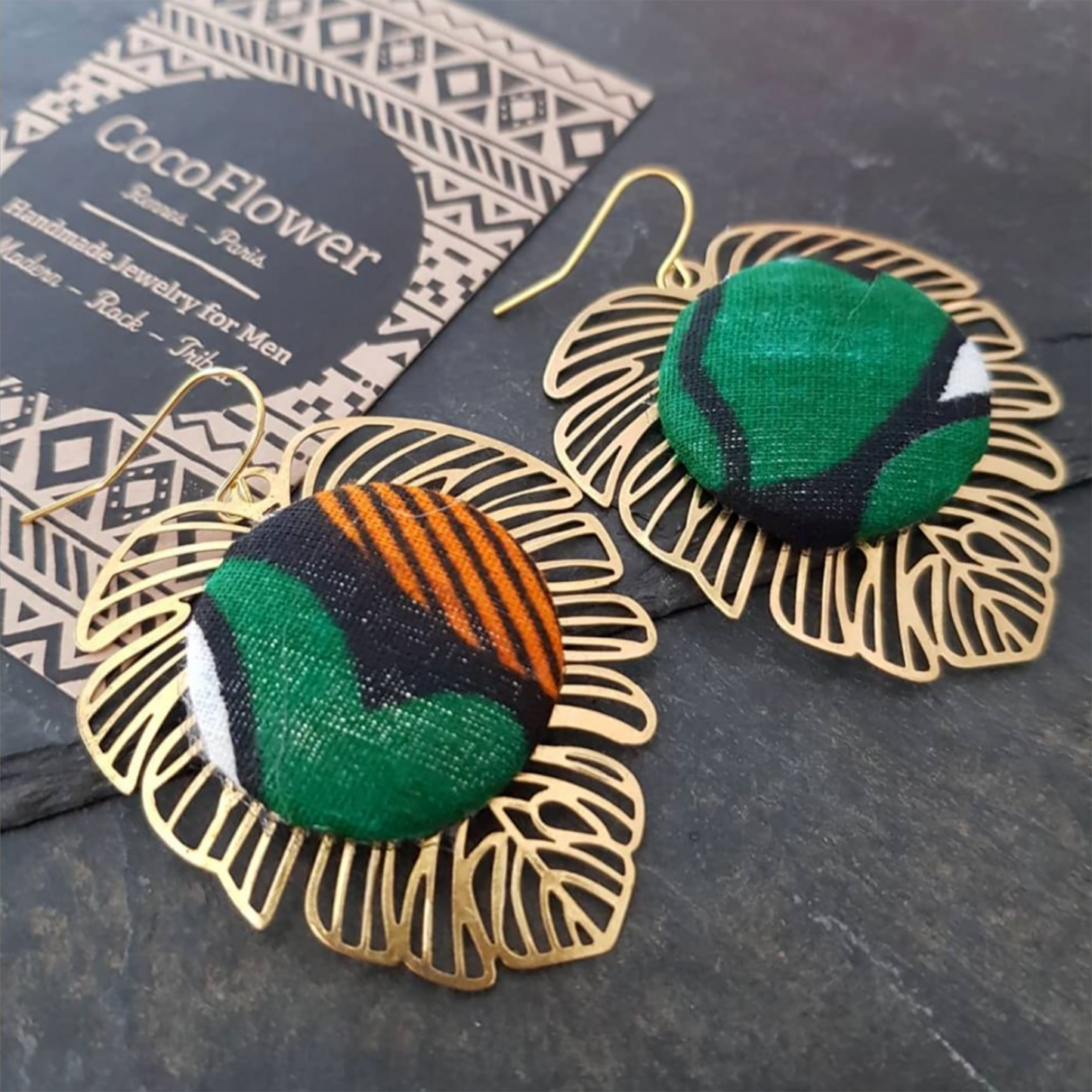 "Radiate Cultural Charm: African Wax Fabric Earrings in Golden Monstera earrings Design"