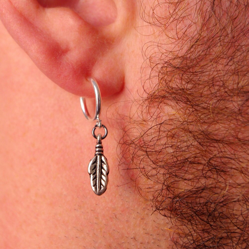 Clip on earring feather, fake man hoop - For NON PIERCED EARS