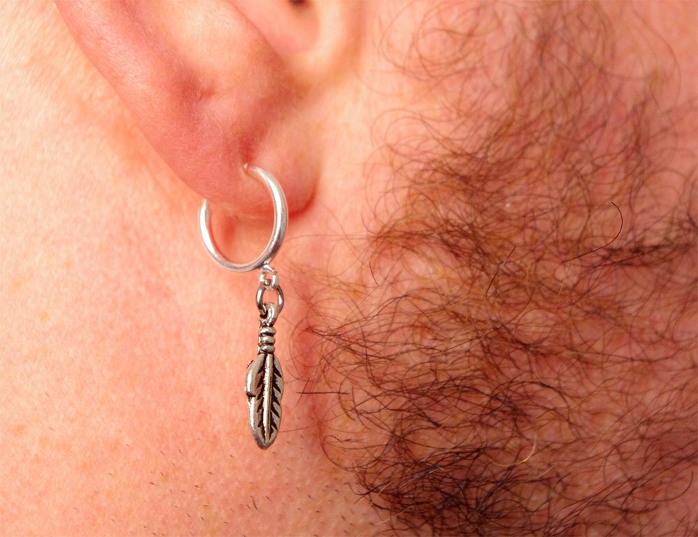 Clip on earring feather, fake man hoop - For NON PIERCED EARS