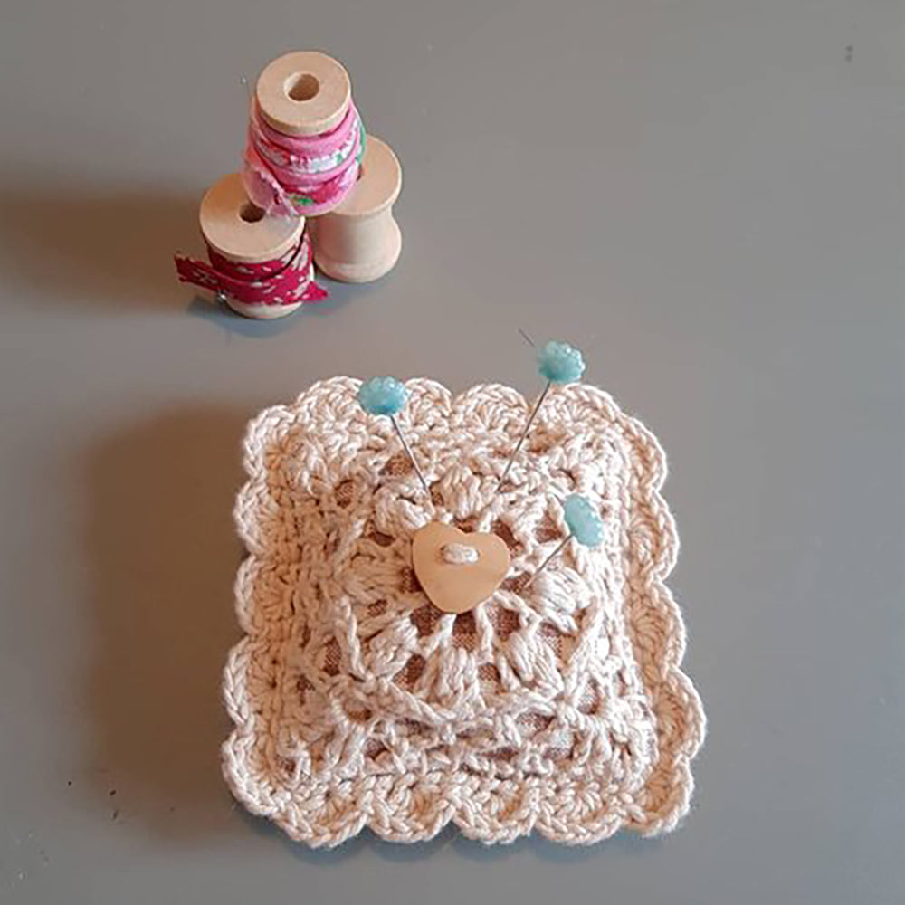 Rustic Elegance: Vintage-Inspired Pin Cushion with Lace Detail