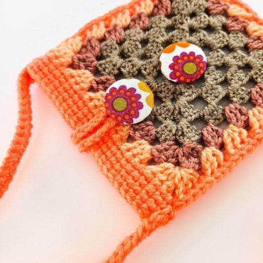 Crochet Orange Pouch, Granny Square Neon Orange Crossbody Bag Handmade