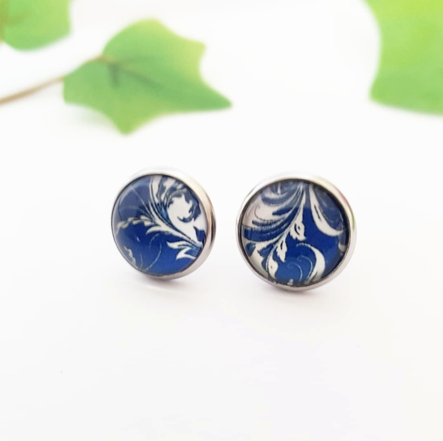 Cute Blue Flower stud cabochon - Spring Floral handmade earrings