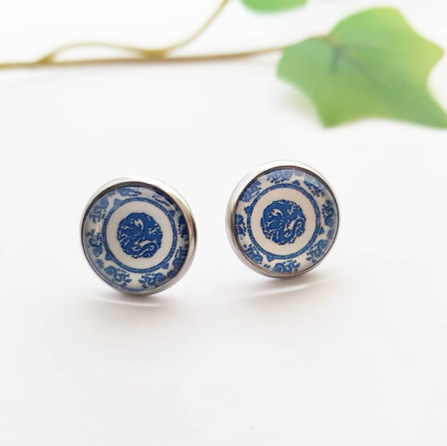 Cute Blue Floral Stud Earrings cabochon - Spring Floral handmade earrings - C o c o F l o w e r
