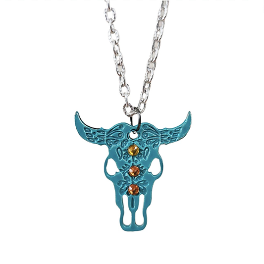 Adorn yourself with the rustic charm of our Turquoise Floral Cow Skull Pendant Necklace