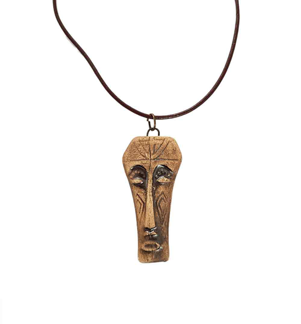 African Mask Necklace Artisan Ceramic Pendant - Brown - Unisex