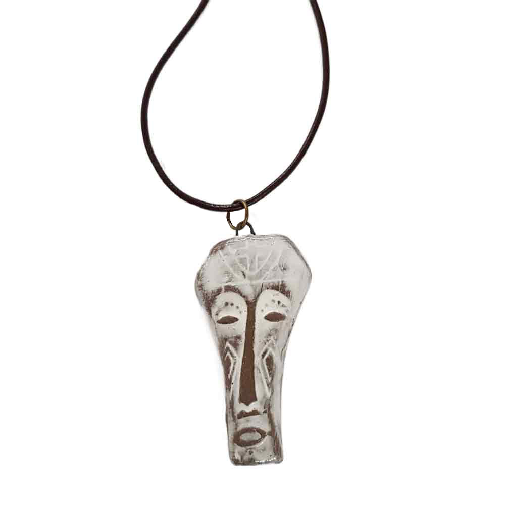 African Mask Necklace Artisan Ceramic Pendant - White - Unisex