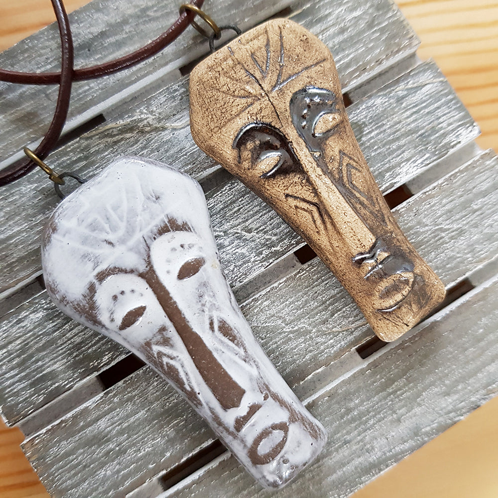 African Mask Necklace Artisan Ceramic Pendant - White or Brown - Unisex