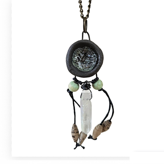 Mystic Noir: Handcrafted Crystal Pendant Gris-Gris Necklace
