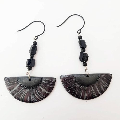 Black fan earrings drop with Tourmaline Stone