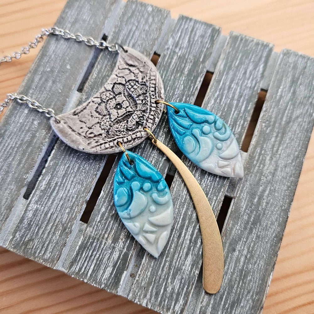 Turquoise Leaf Motif Crescent Bib Necklace - Artistic Polymer Clay Pendant