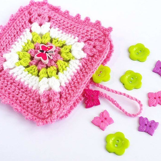 Butterfly Crochet bag insert - Square Granny Pouch -  Little Pink Purse organizer