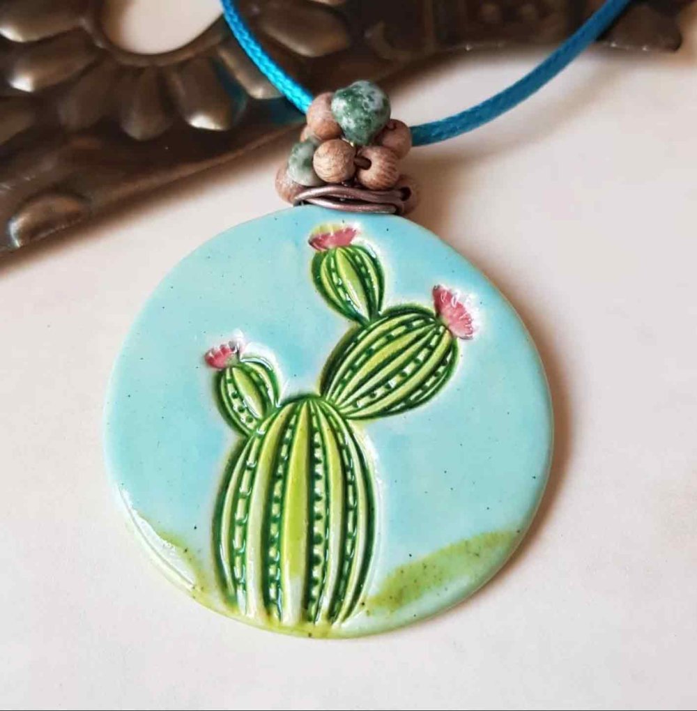 Cactus Jewelry necklace or earrings - artisan ceramic - C o c o F l o w e r