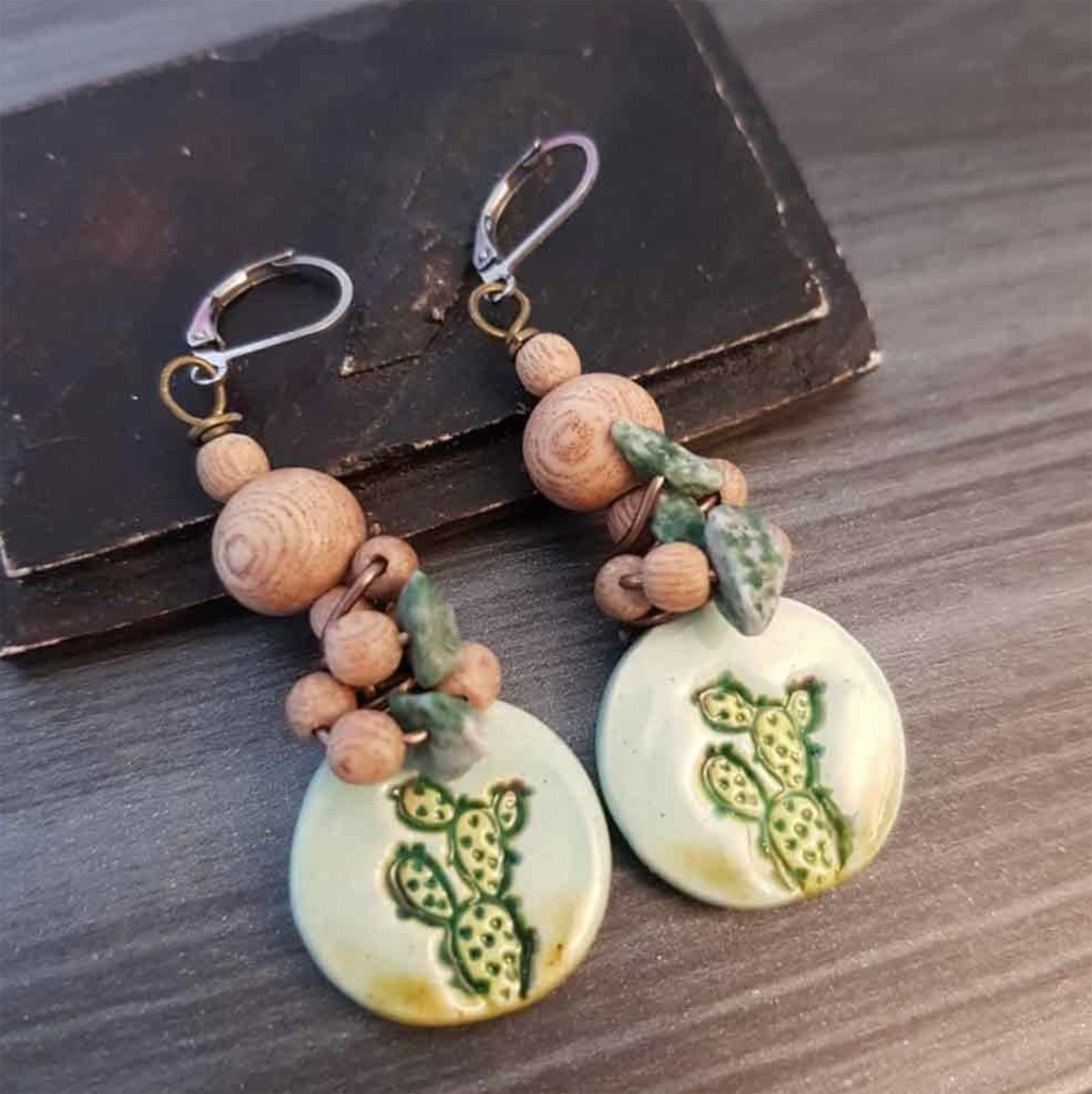 Cactus necklace or earrings - artisan ceramic jewelry - C o c o F l o w e r