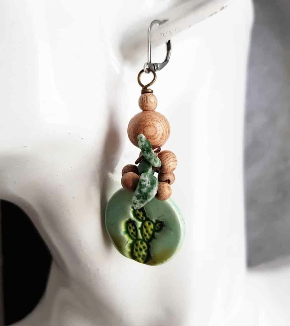 Cactus necklace or earrings - artisan ceramic jewelry