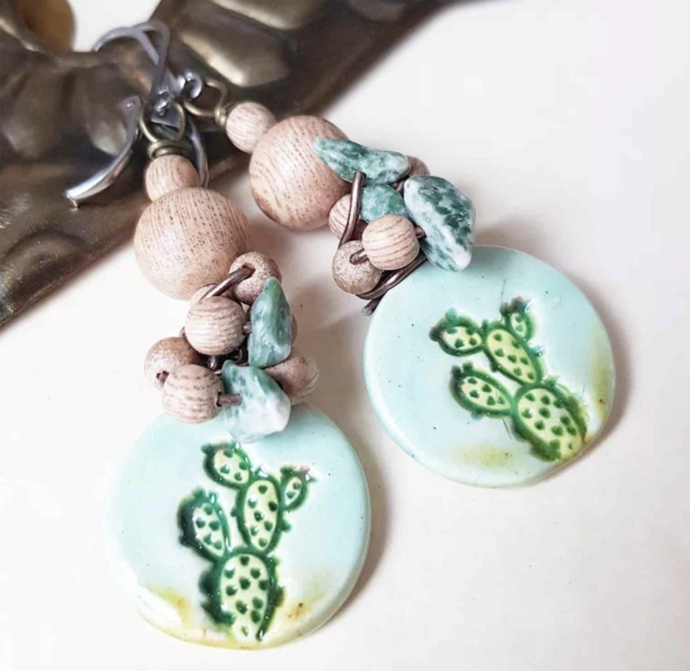 Cactus necklace or earrings - artisan ceramic jewelry