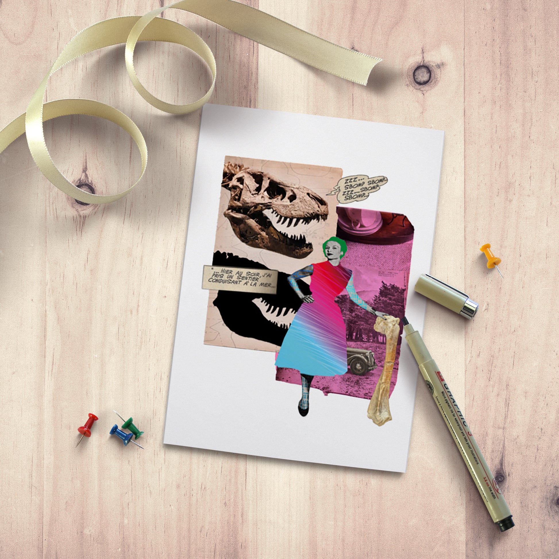 Trex skeleton and Woman Card - Modern Vintage Artist Collage - Dinosaur lover Mini poster - Science Home decor