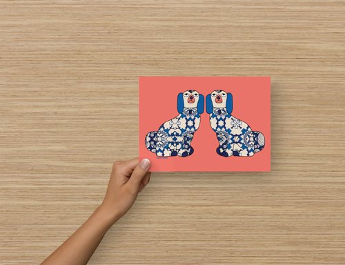 Little dogs pair card - Artist Drawing - Staffordshire ceramic inspired  - Mini poster - Home decor