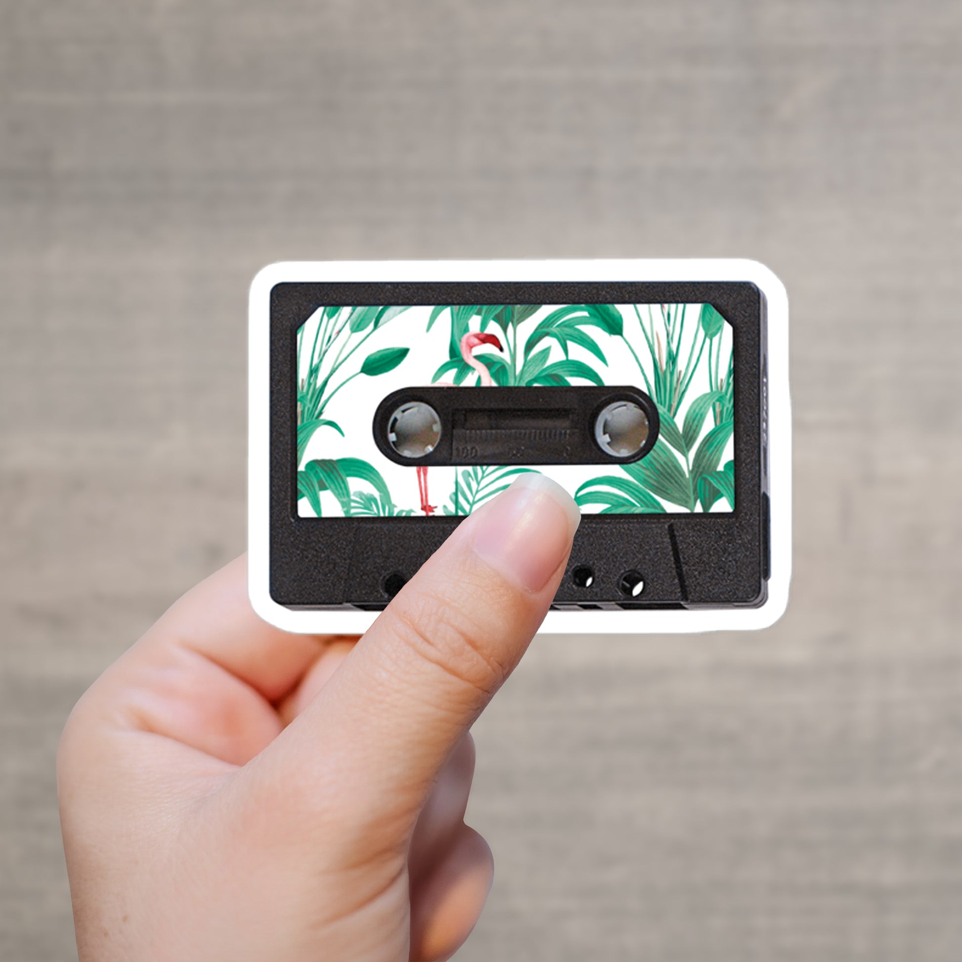 Audio Tape Sticker with Tropical leaves and Flamingo
