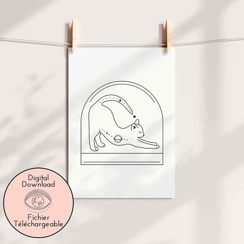 Cat and Moon Drawing - Cute Line Art - Black White Cats Lover home decor