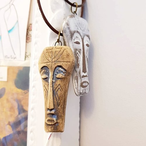 African mask necklace - African Mask Necklace Artisan Ceramic Pendant - White or Brown - Unisex