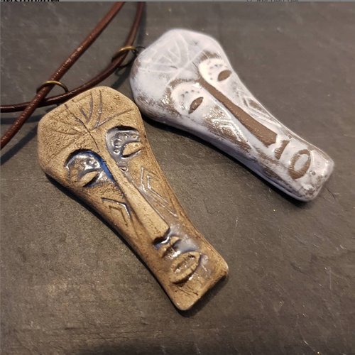 African Mask Necklace Artisan Ceramic Pendant - White or Brown - Unisex
