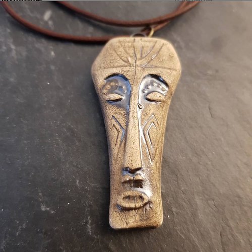 African mask necklace -  Handmade ceramic jewelry - Brown pendant