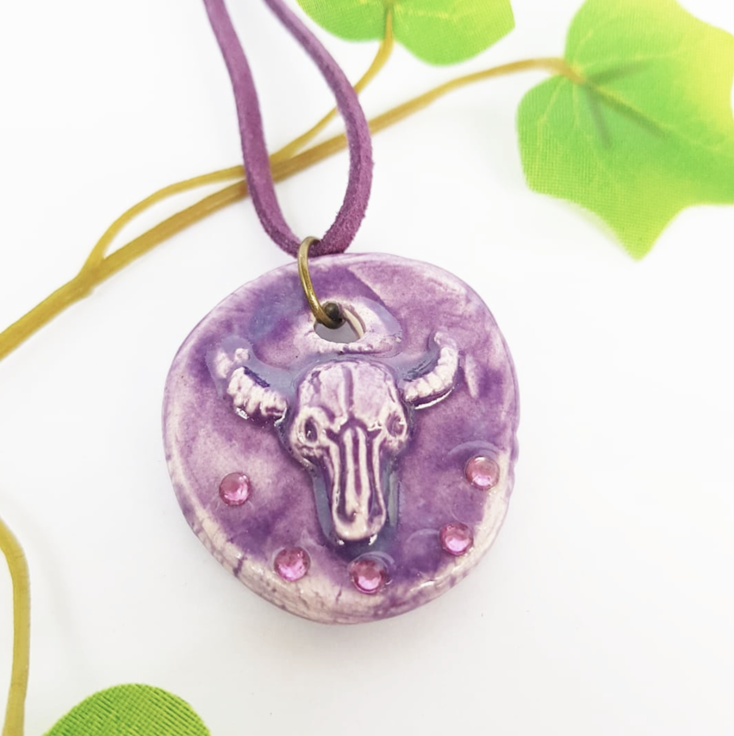 Cow Skull Necklace Handmade Ceramic Medallion - Pink, Purple or Mint