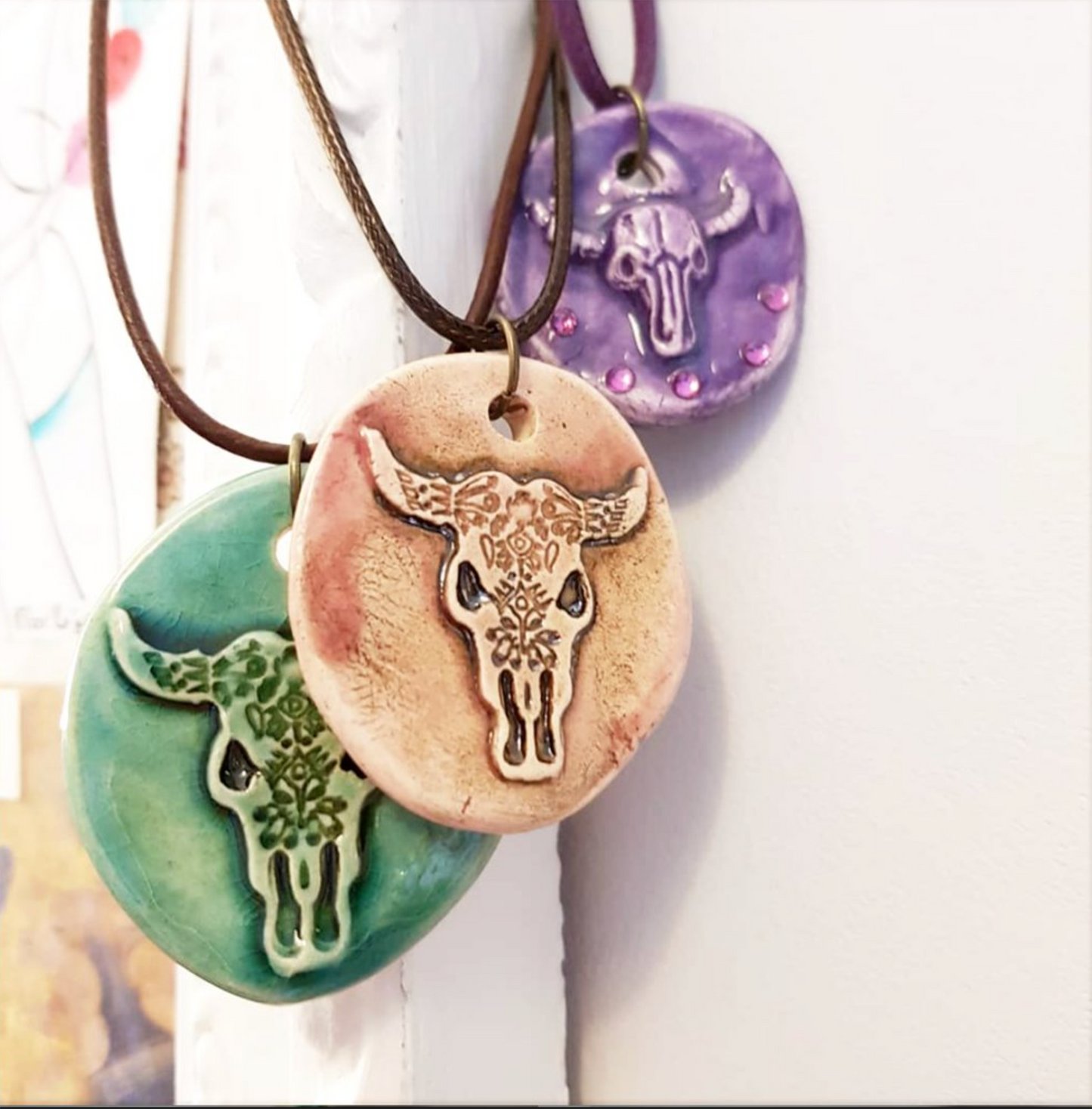 Cow Skull Necklace Handmade Ceramic Medallion - Pink, Purple or Mint