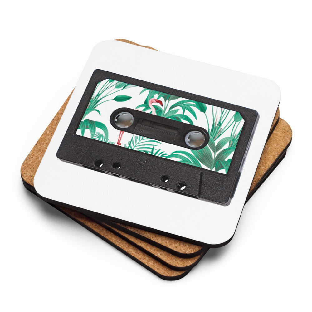 Cork-back coaster - Tropical Flamingo Audio Tape design