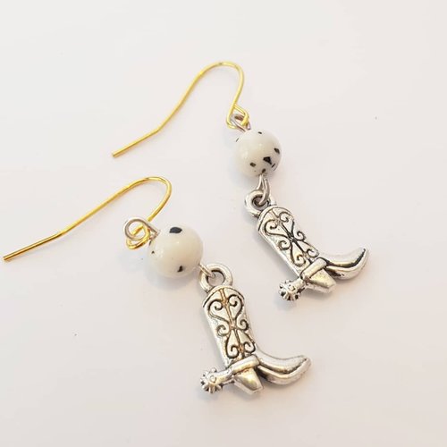 Country Music Couture: Brass Boot Earrings with Black and White Jade