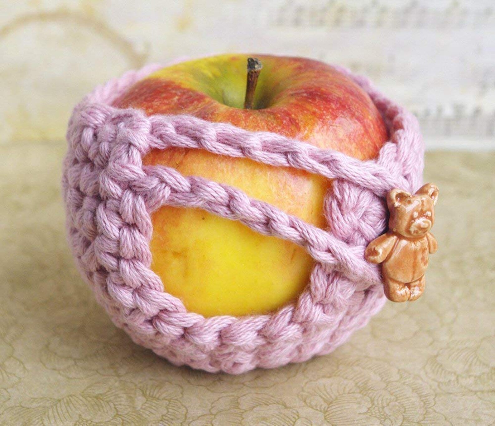 Pink Cozy Apple Bag - Handmade Crochet Cover - Zero Waste Gift - Bear button - Cute and convenient