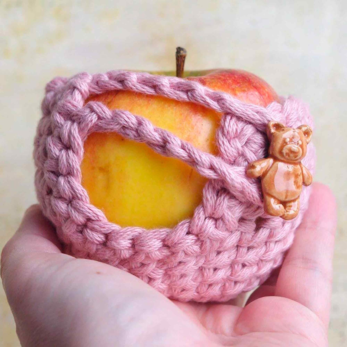 Pink Cozy Apple Bag - Handmade Crochet Cover - Zero Waste Gift - Bear button - Cute and convenient