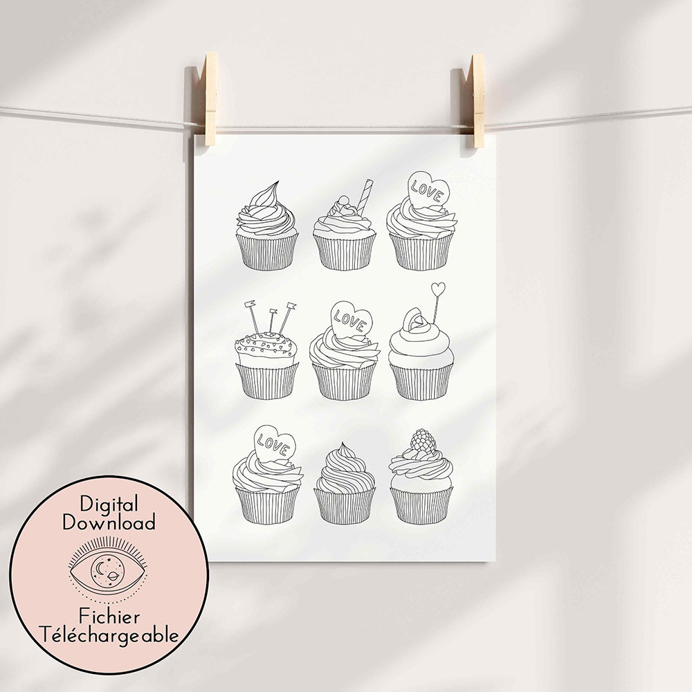 Cupcake Drawing - Black White Pastry Art - Kitchen home decor