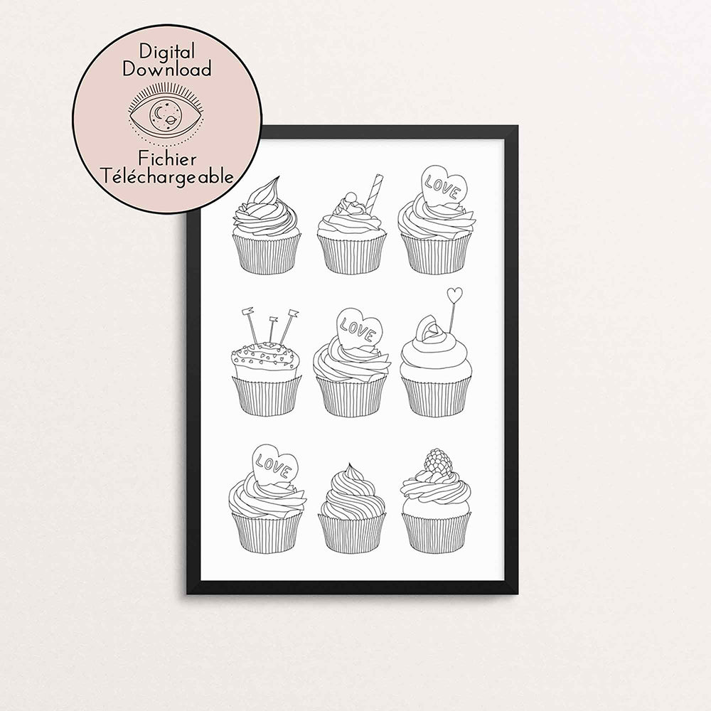 Cupcake Drawing - Black White Pastry Art - Kitchen home decor