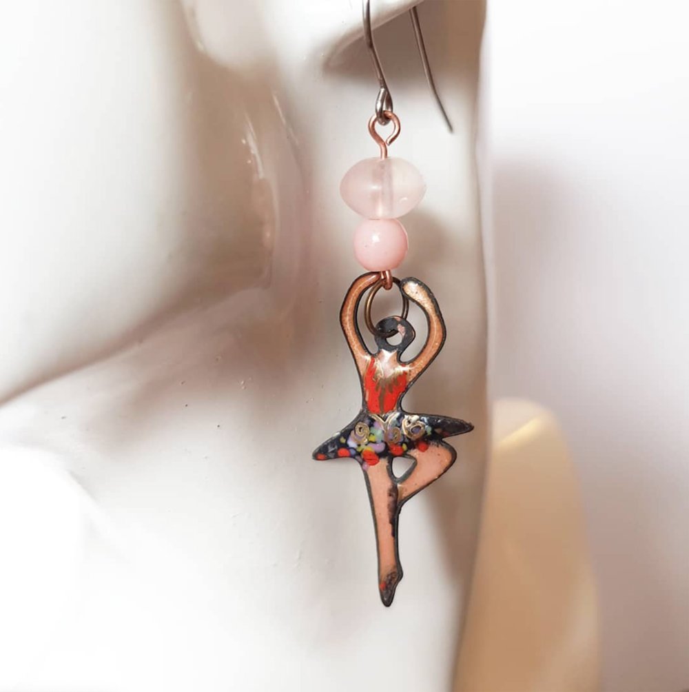 Cute Dancer earrings - Artisan enamel copper - C o c o F l o w e r