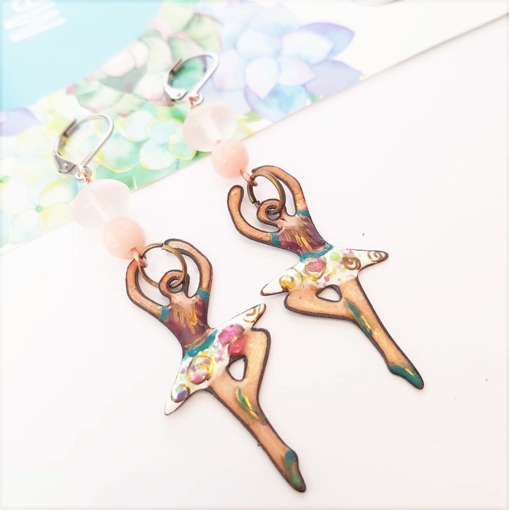 Cute Dancer earrings - Artisan enamel copper
