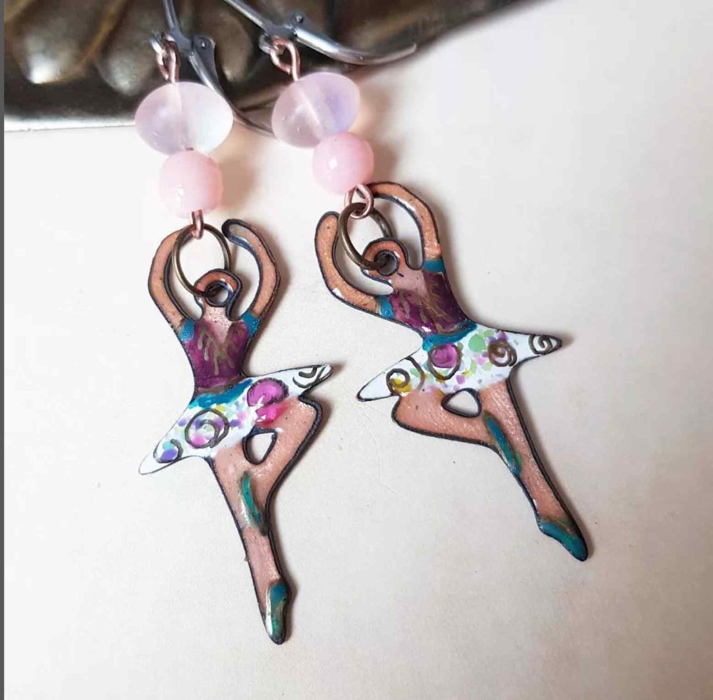 Cute Dancer earrings - Artisan enamel copper - C o c o F l o w e r