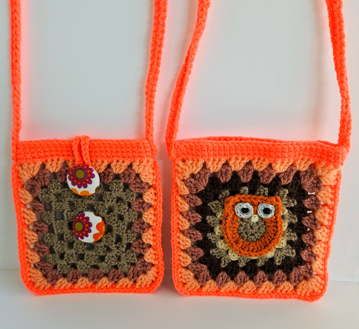 Owl Kawaii Mini Crossbody Pouch - Earth tone and Neon Orange