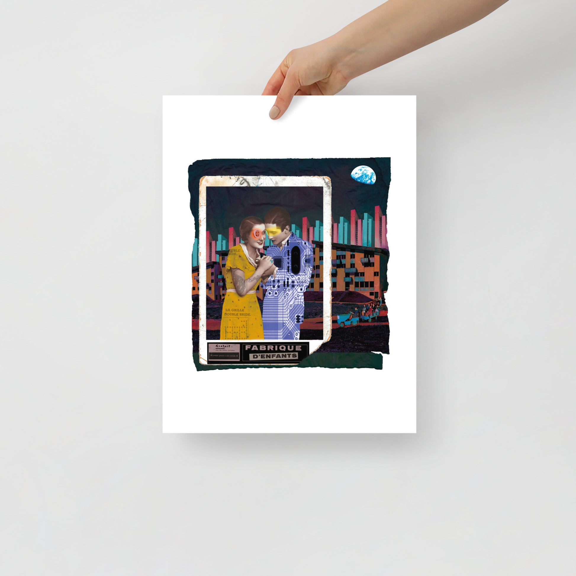 "Experience the magic of love with our Retro-Futuristic Collage Love Artworks poster, where vintage vibes meet futuristic flair."