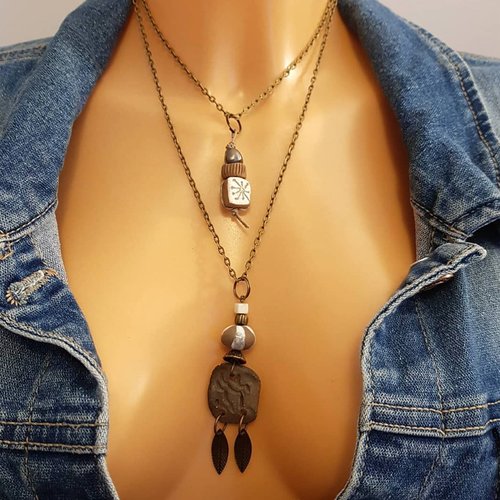 Tribal Raw Brown necklace - feather, African bead, sun