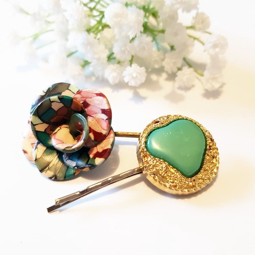 Hair Pin set Clay Flower and Vintage Button - C o c o F l o w e r