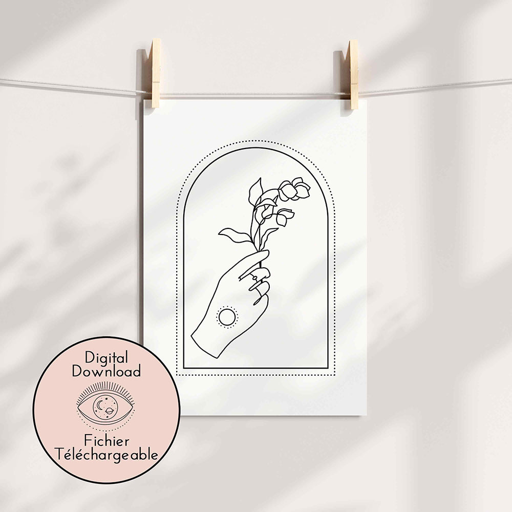 Hand and Flower drawing - Black White Line Art - Romantic home decor 