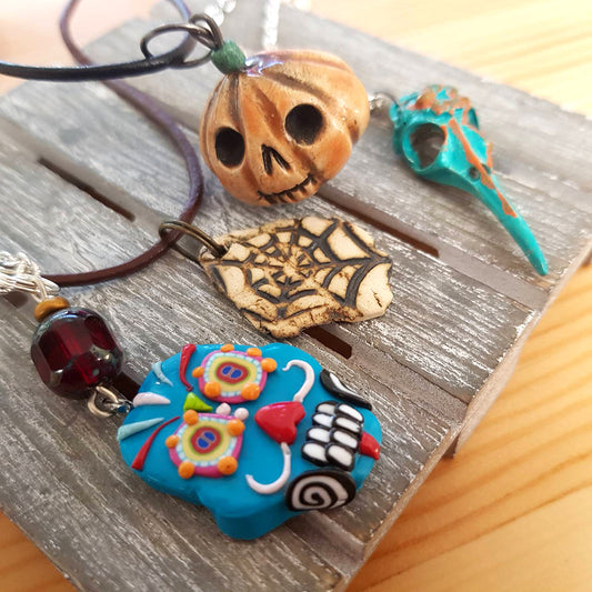 Halloween Necklace - Pumpkin, Sugar Skull, Spiderweb, Crow skull