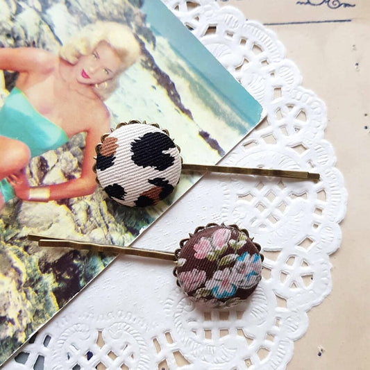 Handmade Fabric Hair Pins set x2 - leopard floral