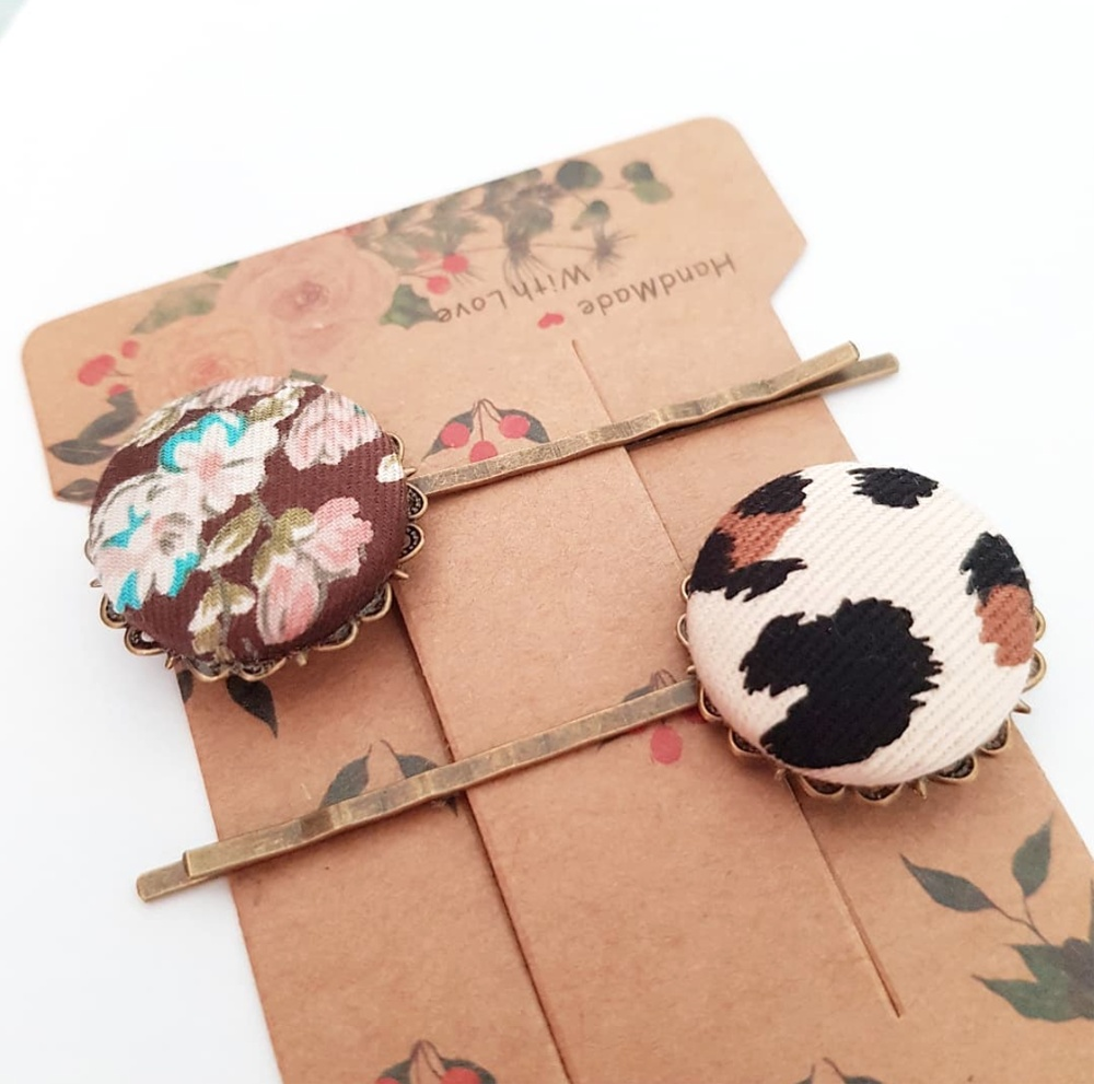 Handmade Fabric Hair Pins set x2 - leopard floral
