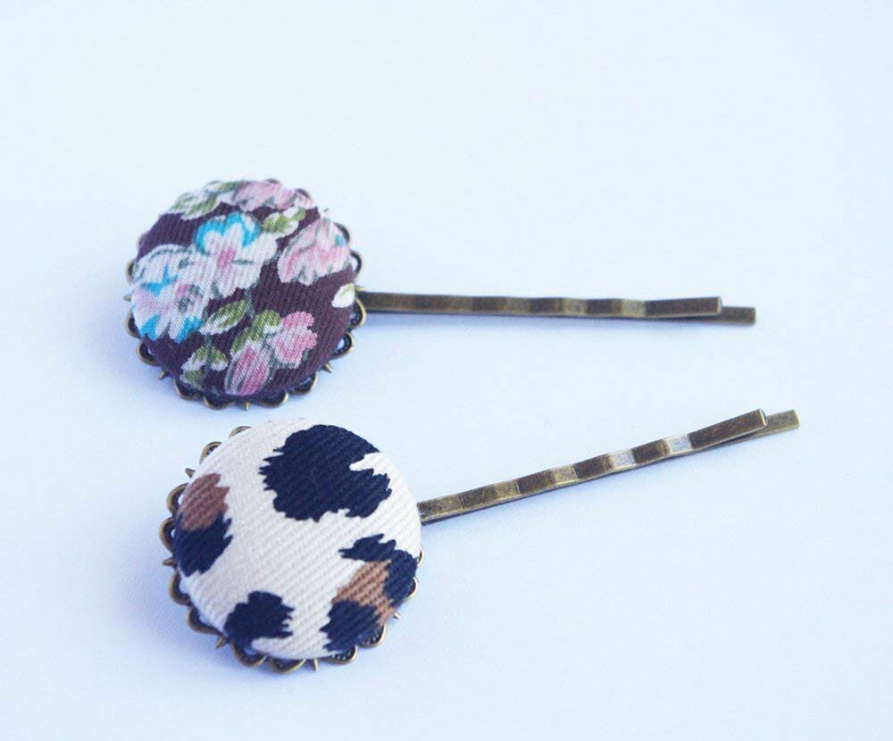 Handmade Fabric Hair Pins set x2 - leopard floral - C o c o F l o w e r
